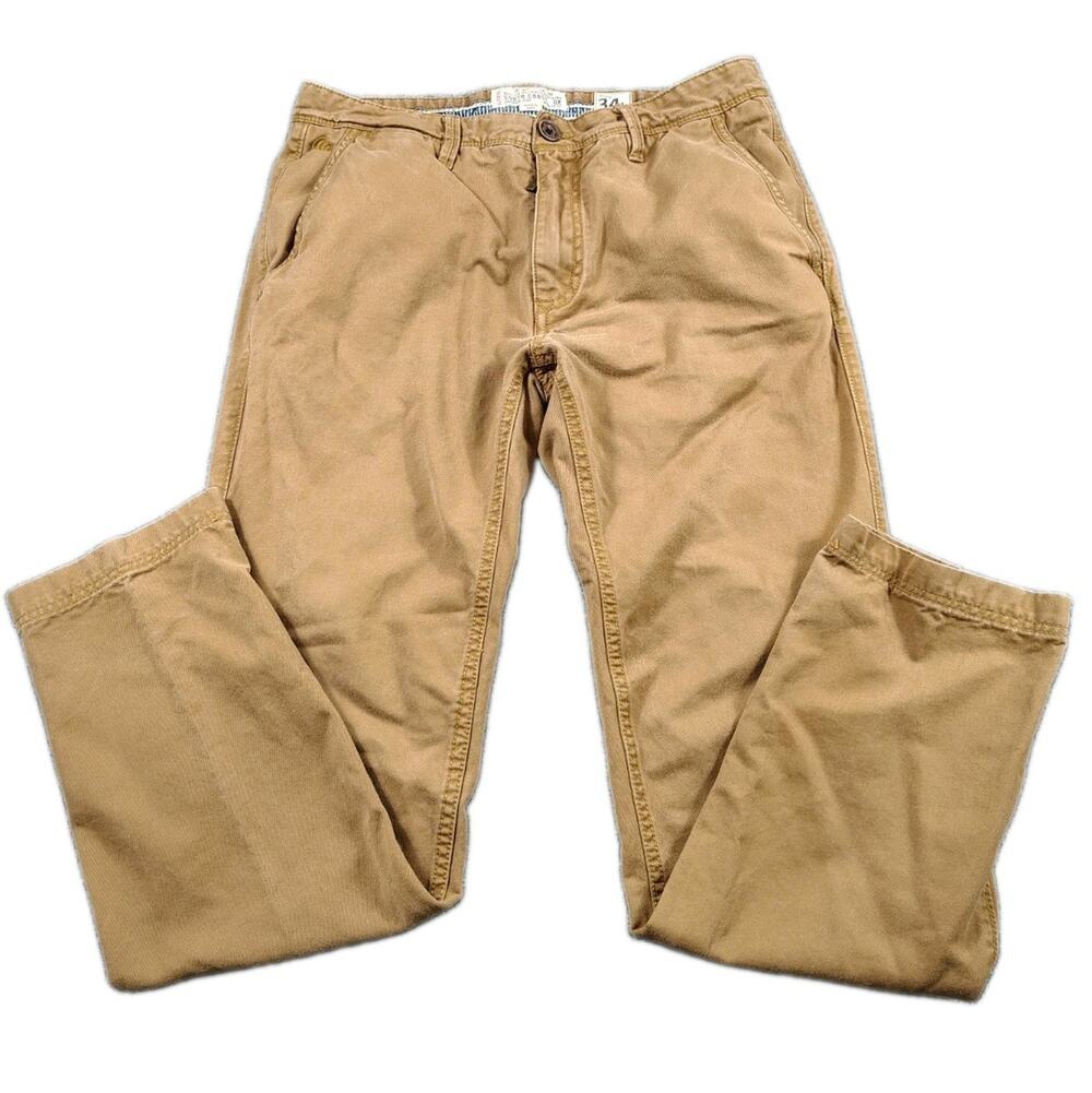 Fat Face Modern Coastal Chino Pants Men's 34L Khaki Canvas Flat Front Straight